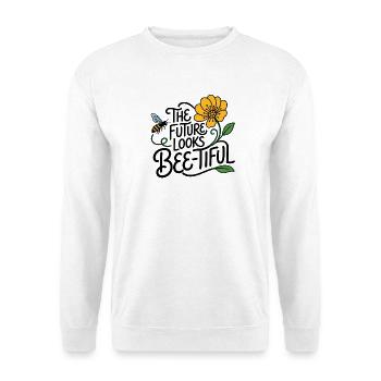DIE ZUKUNFT SIEHT GROSSARTIG AUS – UMWELTFREUNDLICHE BIENE - Unisex Pullover - Weiß - Vorne - Alina (178cm) & Michal (187cm)