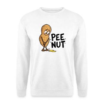 Pee Nut – Lustige Erdnuss mit Pfütze und Wortspiel - Unisex Pullover - Weiß - Vorne - Alina (178cm) & Michal (187cm)