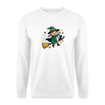 Süße Hexe, die auf einem Besen fliegt, mit schwarzer Katze - Unisex Pullover - Weiß - Vorne - Alina (178cm) & Michal (187cm)