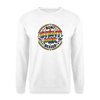 Bunt steht mir besser – Regenbogen Pride Spruch - Unisex Pullover - Weiß - Vorne - Alina (178cm) & Michal (187cm)