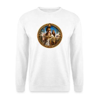 Athene mit Speer, Schild und Eulen - Unisex Pullover - Weiß - Vorne - Alina (178cm) & Michal (187cm)