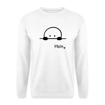 Moin. | Kleine Guckfigur mit Herz regionaler Gruss - Unisex Pullover - Weiß - Vorne - Alina (178cm) & Michal (187cm)