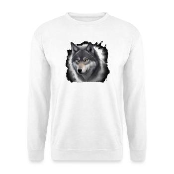 Wolfportrait mit Nebelschwaden - Unisex Pullover - Weiß - Vorne - Alina (178cm) & Michal (187cm)