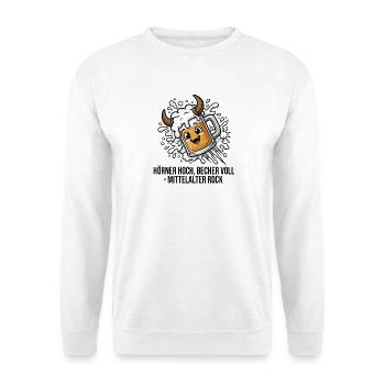Bierkrug mit Hörnern Mittelalter-Rock - Unisex Pullover - Weiß - Vorne - Alina (178cm) & Michal (187cm)
