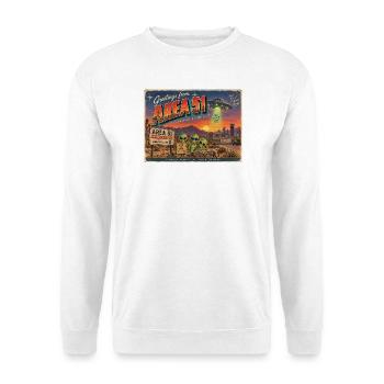 Grüße aus Area 51 – Retro-Alien-Postkarte - Unisex Pullover - Weiß - Vorne - Alina (178cm) & Michal (187cm)