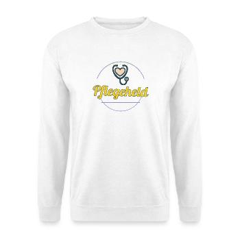 Pflegeheld – Emblem Shirt für Pflegekräfte - Unisex Pullover - Weiß - Vorne - Alina (178cm) & Michal (187cm)