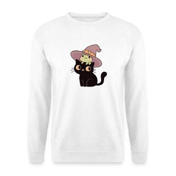 Schwarze Katze im Hexenhut mit Frosch  - Unisex Pullover - Weiß - Vorne - Alina (178cm) & Michal (187cm)