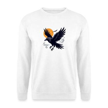 Schwarzer Rabe, der gegen einen leuchtend orangefarbenen Mond schwebt - Unisex Pullover - Weiß - Vorne - Alina (178cm) & Michal (187cm)