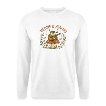Nature is Healing Frog Guitar - Unisex Pullover - Weiß - Vorne - Alina (178cm) & Michal (187cm)