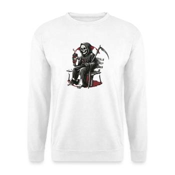 Grim Reaper Kaffee auf Bank - Unisex Pullover - Weiß - Vorne - Alina (178cm) & Michal (187cm)