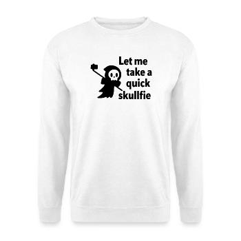 Skelett-Selfie mit Selfie-Stick - Unisex Pullover - Weiß - Vorne - Alina (178cm) & Michal (187cm)
