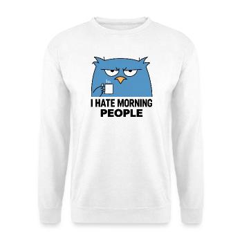 Grummelige Eule Kaffee Morgen - Unisex Pullover - Weiß - Vorne - Alina (178cm) & Michal (187cm)