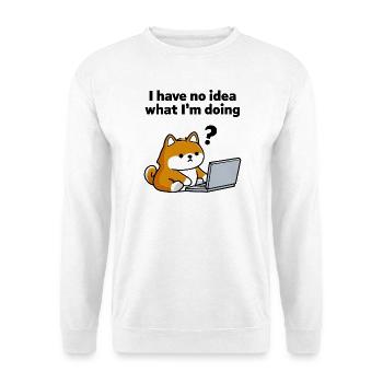 Hund am Laptop – Keine Ahnung - Unisex Pullover - Weiß - Vorne - Alina (178cm) & Michal (187cm)