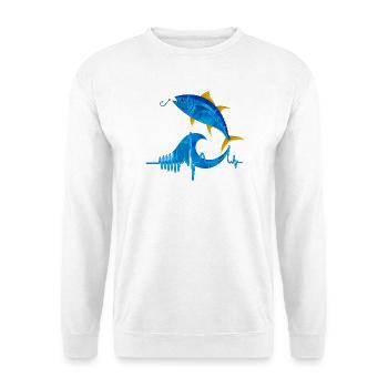 Passion Angeln Herzfrequenz – Angelherzschlag - Unisex Pullover - Weiß - Vorne - Alina (178cm) & Michal (187cm)