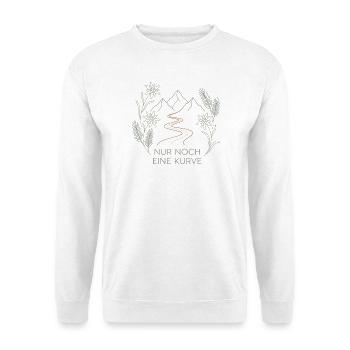 Nur noch eine Kurve Wandern Berge Spruch - Unisex Pullover - Weiß - Vorne - Alina (178cm) & Michal (187cm)