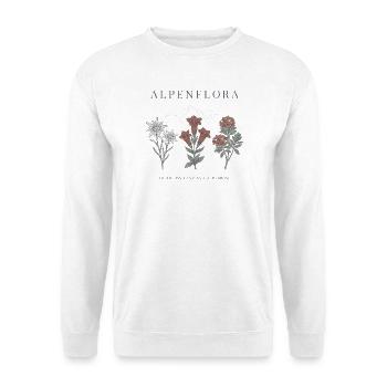 Alpenflora Edelweiss Enzian Alpenrose Berge - Unisex Pullover - Weiß - Vorne - Alina (178cm) & Michal (187cm)