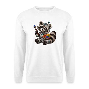 Roboter-Waschbär als Künstler – Stickmotiv Optik - Unisex Pullover - Weiß - Vorne - Alina (178cm) & Michal (187cm)