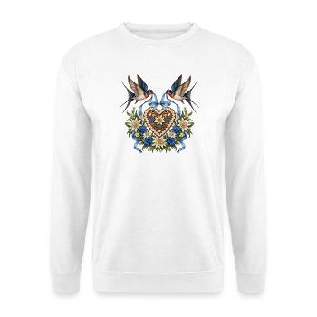 Schwalben mit Lebkuchenherz & Edelweiß - Unisex Pullover - Weiß - Vorne - Alina (178cm) & Michal (187cm)