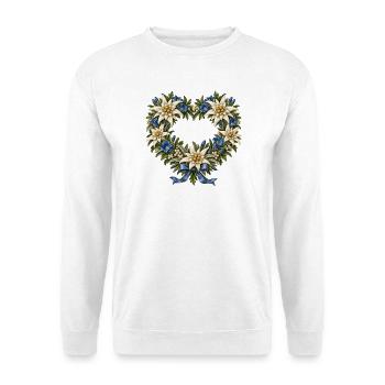 Edelweißherz mit Enzian & blauer Schleife - Unisex Pullover - Weiß - Vorne - Alina (178cm) & Michal (187cm)