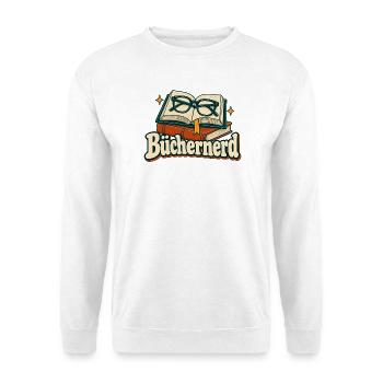Büchernerd – Bücher mit Lesebrille im Retro-Stil - Unisex Pullover - Weiß - Vorne - Alina (178cm) & Michal (187cm)