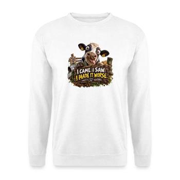 Kuhhumor: Ich kam, sah, machte es schlimmer - Unisex Pullover - Weiß - Vorne - Alina (178cm) & Michal (187cm)