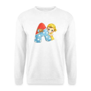 A - Buchstabe: mit Baby im Piratenlook - Unisex Pullover - Weiß - Vorne - Alina (178cm) & Michal (187cm)