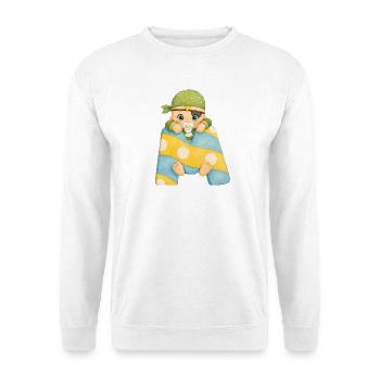 M - Buchstabe: Baby im bunten Patchwork-Schal - Unisex Pullover - Weiß - Vorne - Alina (178cm) & Michal (187cm)