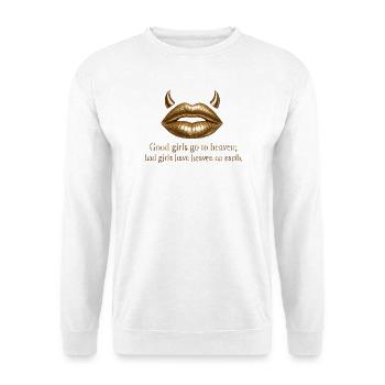 Goldene Lippen mit Teufelshörnern Zitat - Unisex Pullover - Weiß - Vorne - Alina (178cm) & Michal (187cm)
