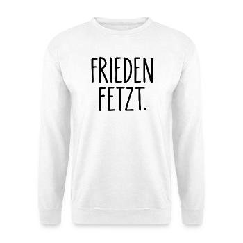 Frieden fetzt – Minimalistischer Friedensspruch - Unisex Pullover - Weiß - Vorne - Alina (178cm) & Michal (187cm)