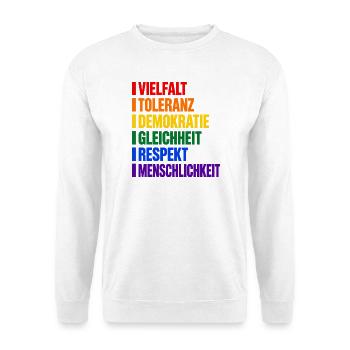 Vielfalt und Toleranz – Werte in Regenbogenfarben - Unisex Pullover - Weiß - Vorne - Alina (178cm) & Michal (187cm)