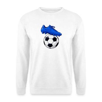 Blauer Fußballschuh und Fußball - Unisex Pullover - Weiß - Vorne - Alina (178cm) & Michal (187cm)