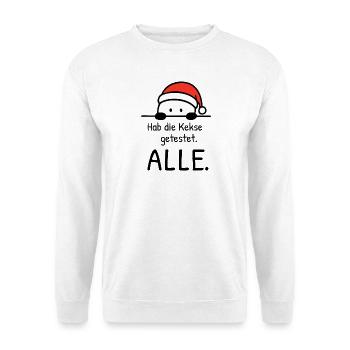 Hab die Kekse getestet. ALLE. | Weihnachtshumor - Unisex Pullover - Weiß - Vorne - Alina (178cm) & Michal (187cm)