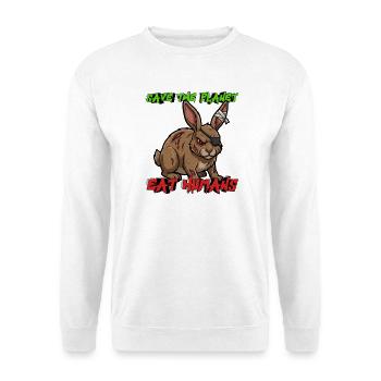 Save The Planet Eat Humans – Horror Motiv Hase - Unisex Pullover - Weiß - Vorne - Alina (178cm) & Michal (187cm)