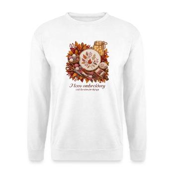 Herbstliche Stickerei mit Garn sticken Gesticktes  - Unisex Pullover - Weiß - Vorne - Alina (178cm) & Michal (187cm)