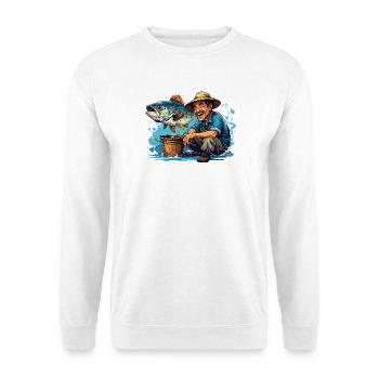 Fröhlicher Fischer und Riesenfisch - Unisex Pullover - Weiß - Vorne - Alina (178cm) & Michal (187cm)