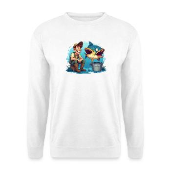 Angler und Riesen Fisch Cartoon - für Angler - Unisex Pullover - Weiß - Vorne - Alina (178cm) & Michal (187cm)