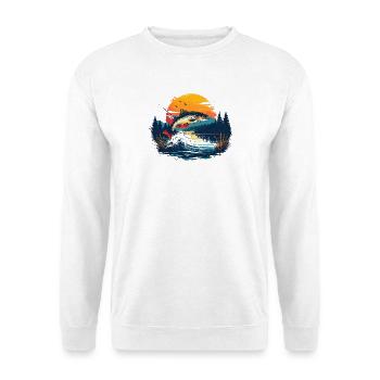 Fischsprung am Sonnenuntergang - im Wald - Unisex Pullover - Weiß - Vorne - Alina (178cm) & Michal (187cm)