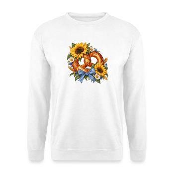 Brezel mit Sonnenblumen & Trachtenschleife - Unisex Pullover - Weiß - Vorne - Alina (178cm) & Michal (187cm)