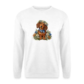 Dackel mit Edelweißkranz & Trachtentuch - Unisex Pullover - Weiß - Vorne - Alina (178cm) & Michal (187cm)