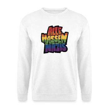 Alle_hassen_Nazis_Regenbogen_mit_schwarz - Unisex Pullover - Weiß - Vorne - Alina (178cm) & Michal (187cm)