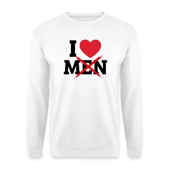 I Love Men Durchgestrichen Männer Humor Feminismus - Unisex Pullover - Weiß - Vorne - Alina (178cm) & Michal (187cm)