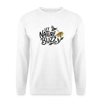 "LASS DIE NATUR SUMMEN" – Bienen- und Wildblumenmotiv - Unisex Pullover - Weiß - Vorne - Alina (178cm) & Michal (187cm)