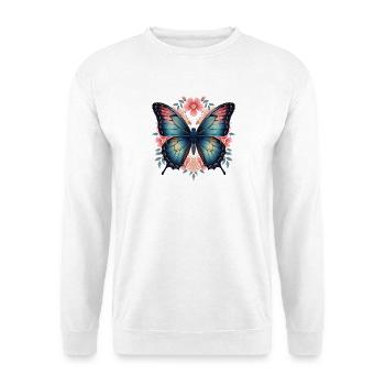 Blauer Schmetterling und Blumenblüten - Unisex Pullover - Weiß - Vorne - Alina (178cm) & Michal (187cm)
