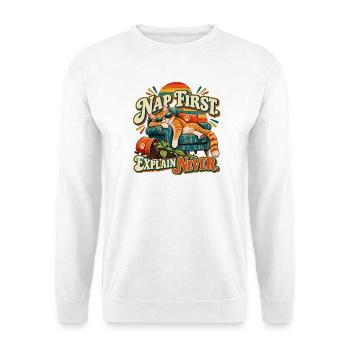 Nickerchen zuerst erklären – Nie lustige Retro-Katze - Unisex Pullover - Weiß - Vorne - Alina (178cm) & Michal (187cm)