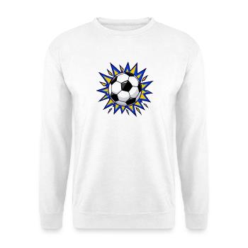 Fußball mit blauem und gelbem Comic-Burst - Unisex Pullover - Weiß - Vorne - Alina (178cm) & Michal (187cm)