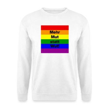 MEHR MUT STATT WUT BUNTER REGENBOGEN, NIE WIEDER - Unisex Pullover - Weiß - Vorne - Alina (178cm) & Michal (187cm)