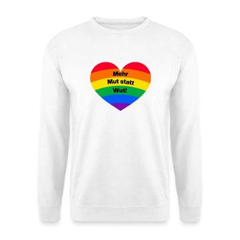 MEHR MUT STATT WUT BUNTER REGENBOGEN, NIE WIEDER - Unisex Pullover - Weiß - Vorne - Alina (178cm) & Michal (187cm)