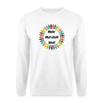 MEHR MUT STATT WUT BUNTE MENSCHENKETTE, NIE WIEDER - Unisex Pullover - Weiß - Vorne - Alina (178cm) & Michal (187cm)