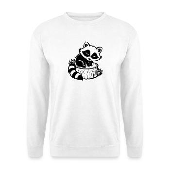 Baby-Waschbär schläft auf einem Baumstumpf - Unisex Pullover - Weiß - Vorne - Alina (178cm) & Michal (187cm)