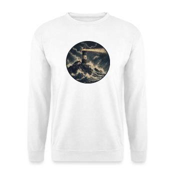 Leuchtturm im Sturm auf Felsen - Unisex Pullover - Weiß - Vorne - Alina (178cm) & Michal (187cm)